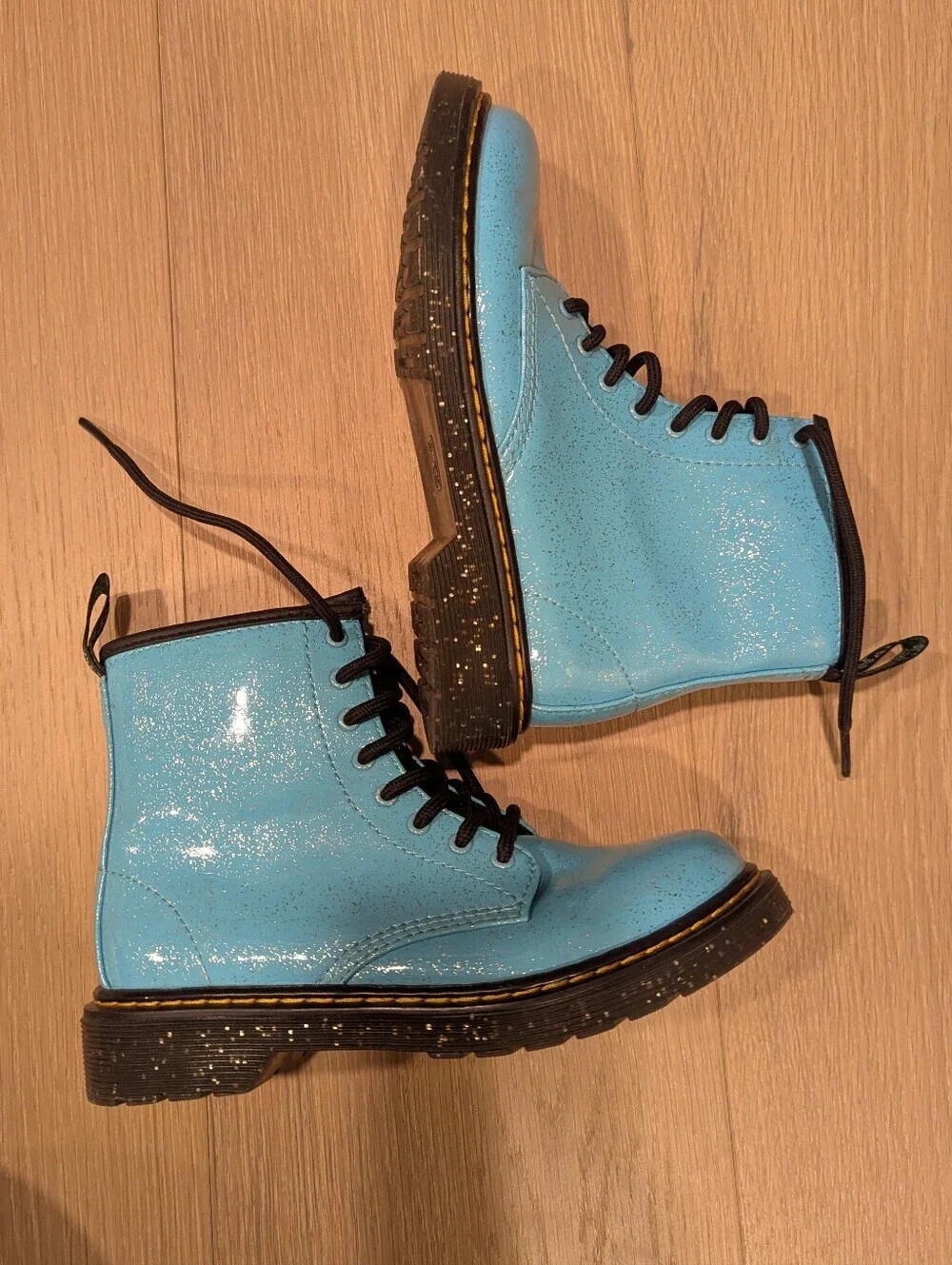 Light Blue/Teal Glitter Combat Boots with Black Trim